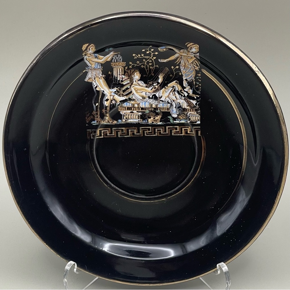 Vintage Handmade Greek Black Glass Plates 24K Gold Grecian Scene Set of 2